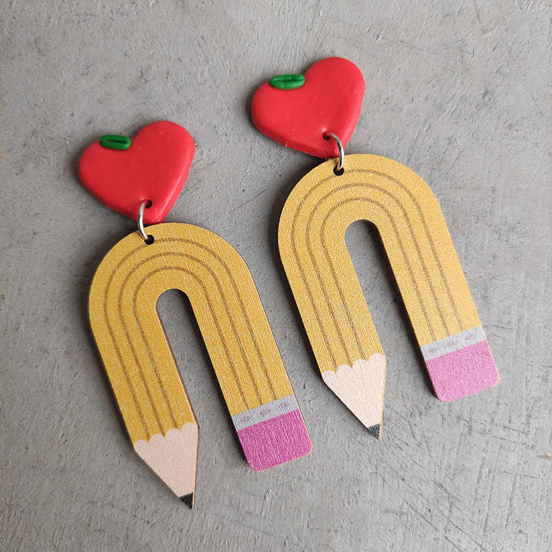Wholesale leopard print pencil teacher wooden earrings